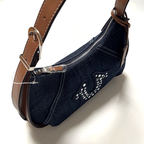 NWT TRUE RELIGION Denim Shoulder Bag Studded Horseshoe Blue Hobo Embellished - Picture 8 of 10